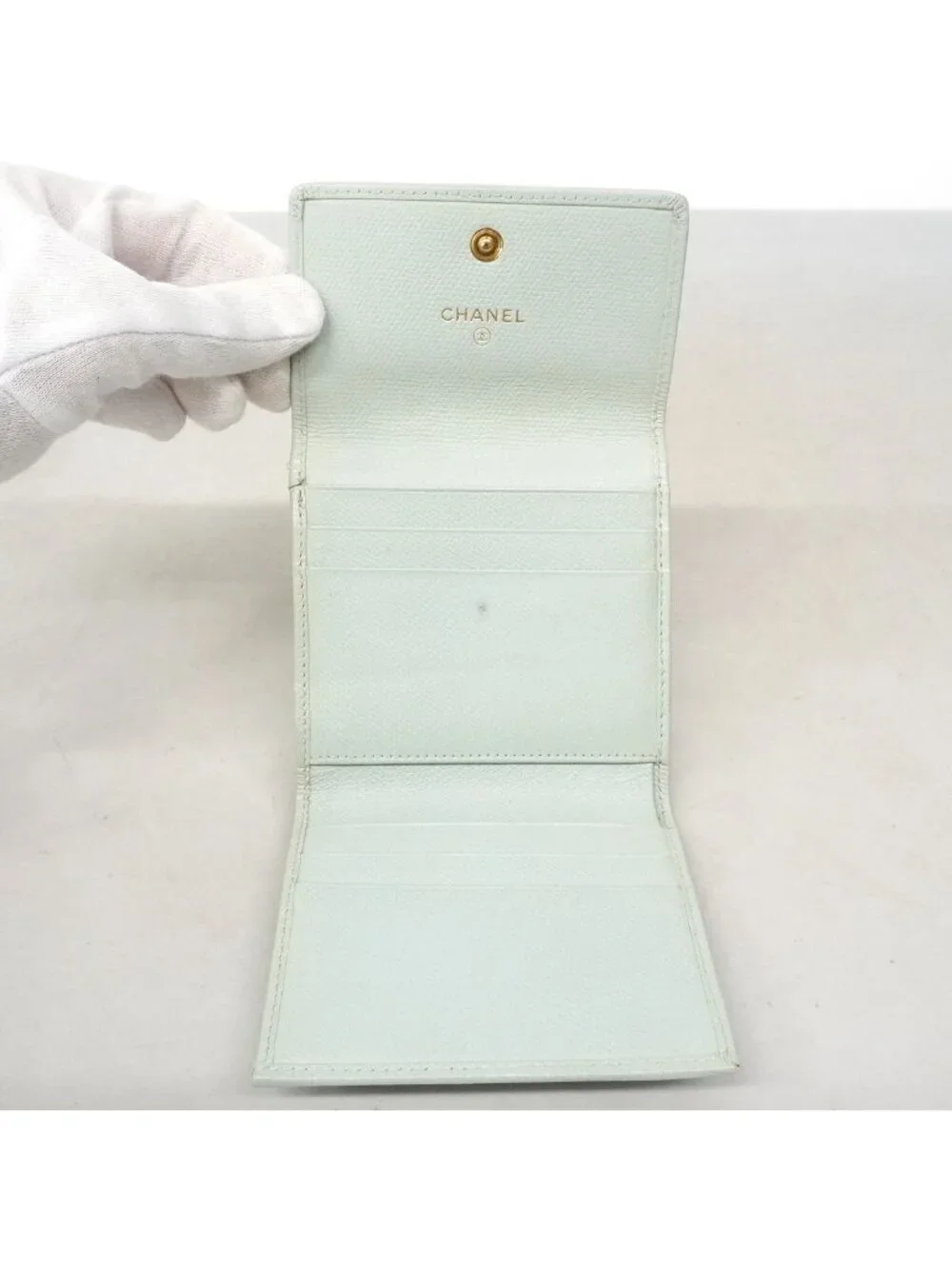 Chanel Trifold Wallet Coco Buttons Caviar Leather Light Green Gold